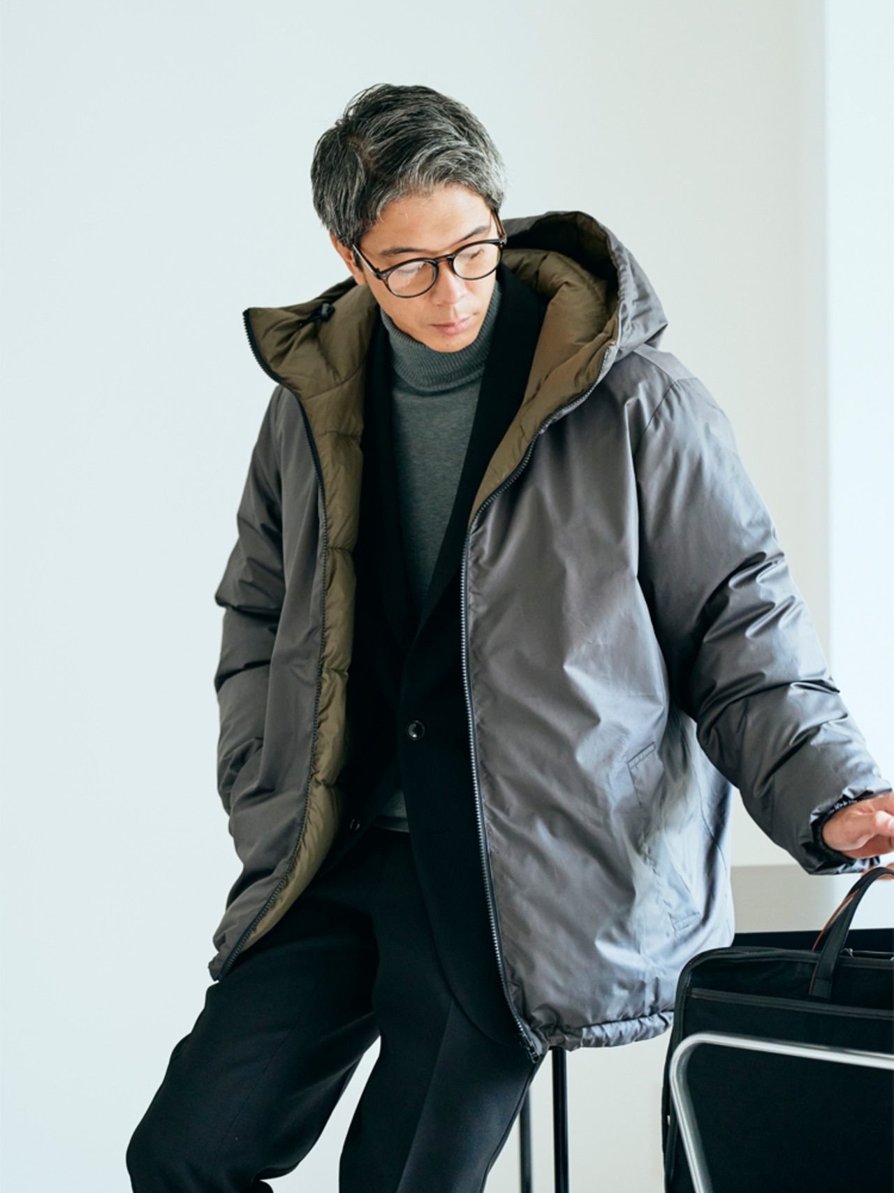 TAION×UNFILO リバーシブルフードダウンの表面の着こなし