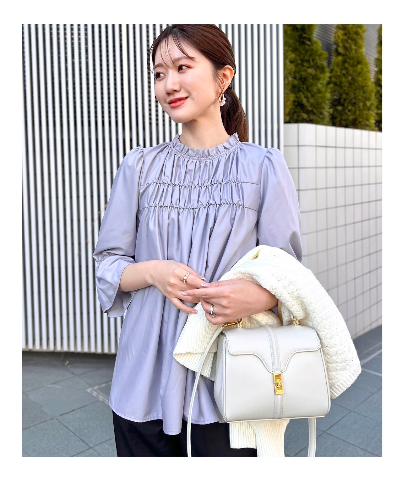 【洗える】スタンドネックシャーリング ブラウス