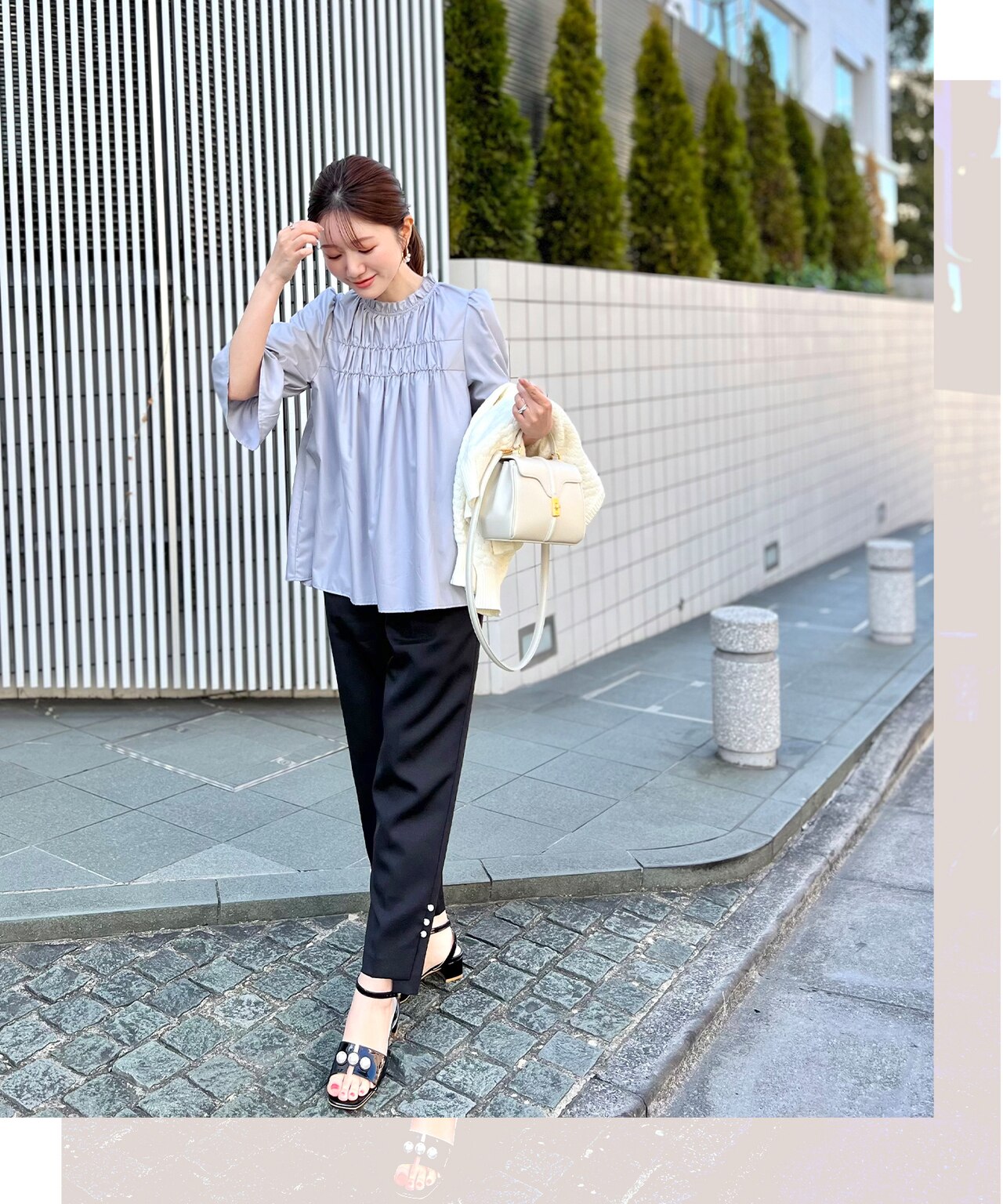 【洗える】スタンドネックシャーリング ブラウス