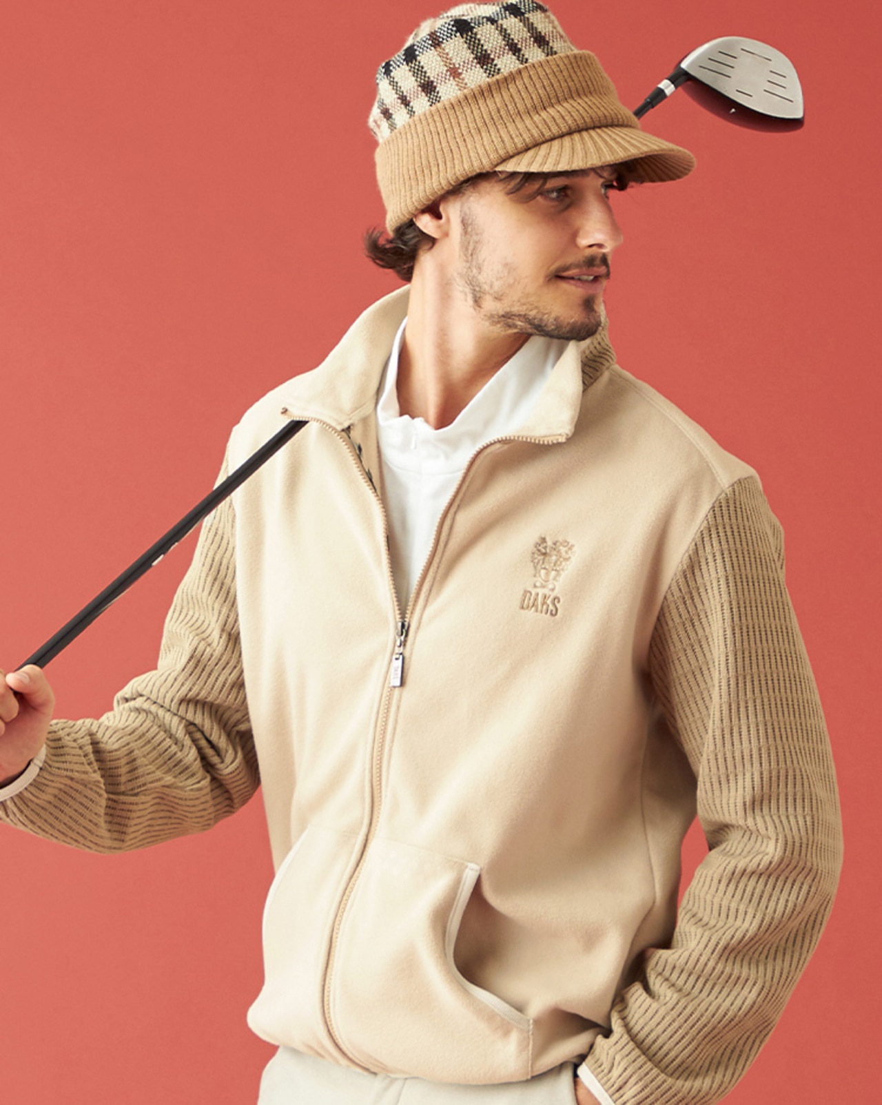 DAKS,DAKSGOLF,ゴルフアウター,おススメ,MENS,ジャケット,ブルゾン,フリースジャケット,フリース,ニット,防寒,冬ゴルフ,ベージュ,ハウスチェック,チェック柄,キャップ