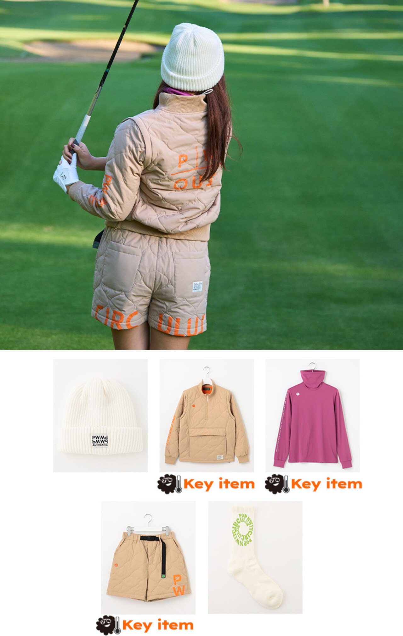 PWCIRCULUS,ゴルフウエア,気温別コーディネートの画像,お洒落も防寒も10℃~5℃のコーデ1,レディースコーディネート,背中からのカット