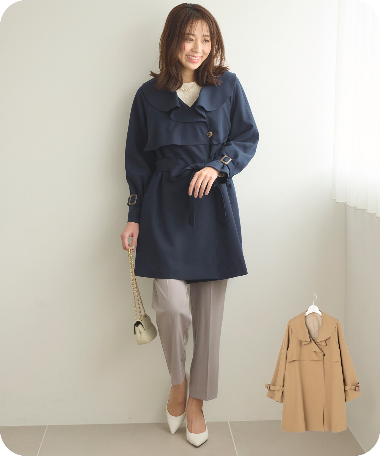 ラッフルカラーミドル丈 トレンチ