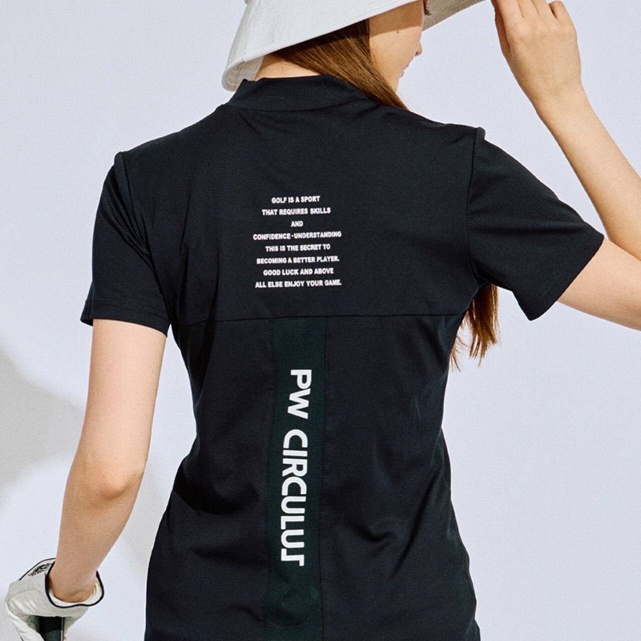 PWCIRCULUS,ピーダブ,PW,ゴルフウエア,WOMENS,ゴルフ,速乾,UV,ストレッチ,KHPQGM0508,メッシュ切替,モデル着用写真,ブラック